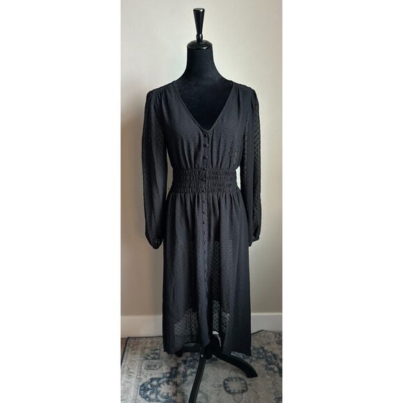 KENZIE Black Sheer V Neck Button Front Polka Dot Long Sleeve Midi Dress Size M - Picture 1 of 7